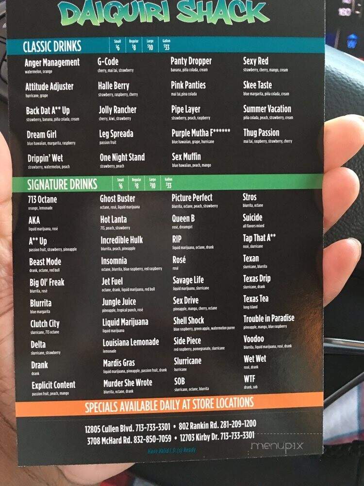 Daiquiri Shack - Houston, TX menu_pic