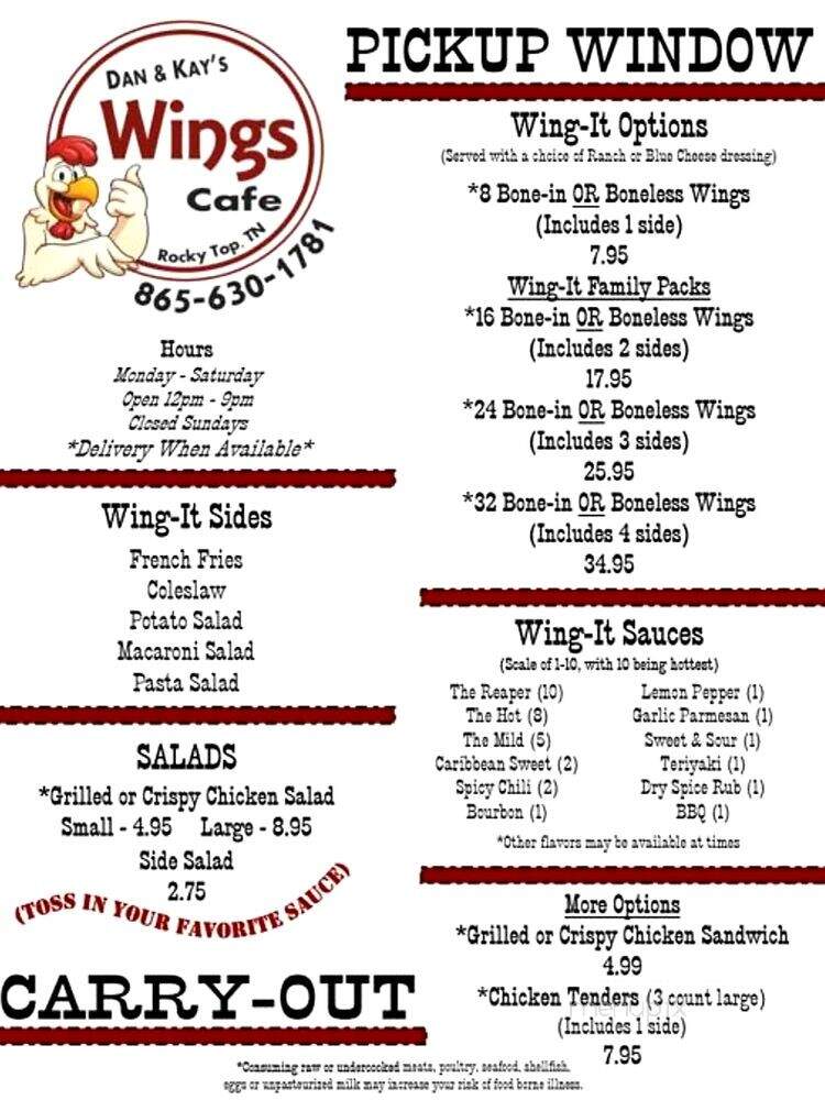 Dan & Kay's Wings Cafe - Rocky Top, TN menu_pic