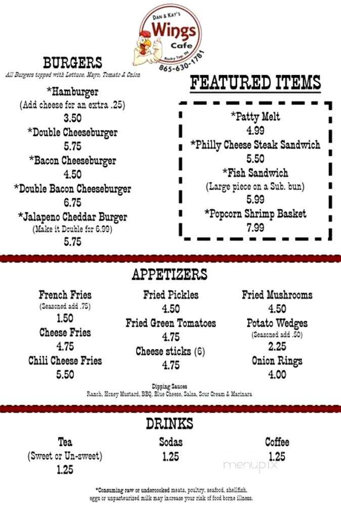 Dan & Kay's Wings Cafe - Rocky Top, TN menu_pic