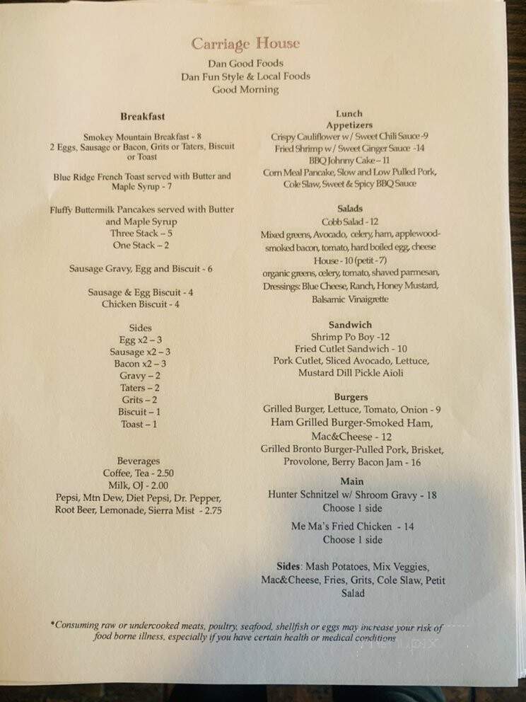 Dan Good Foods at Carriage House - Townsend, TN menu_pic