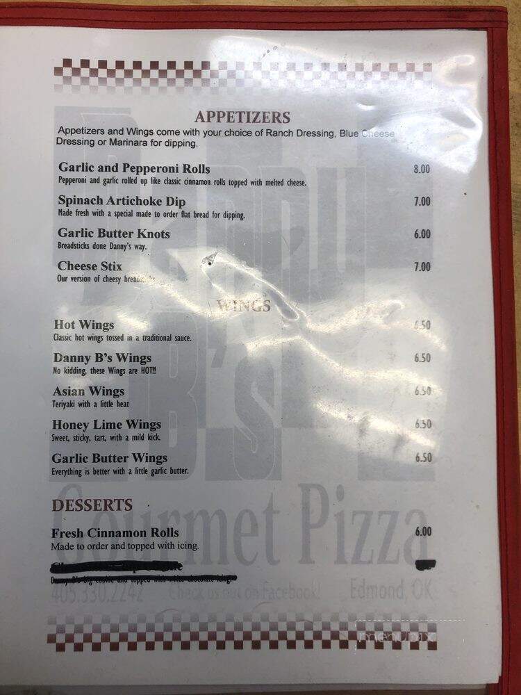 Danny B's Gourmet Pizza - Edmond, OK menu_pic