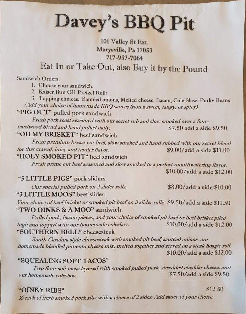 Davey's BBQ Pit - Marysville, PA menu_pic