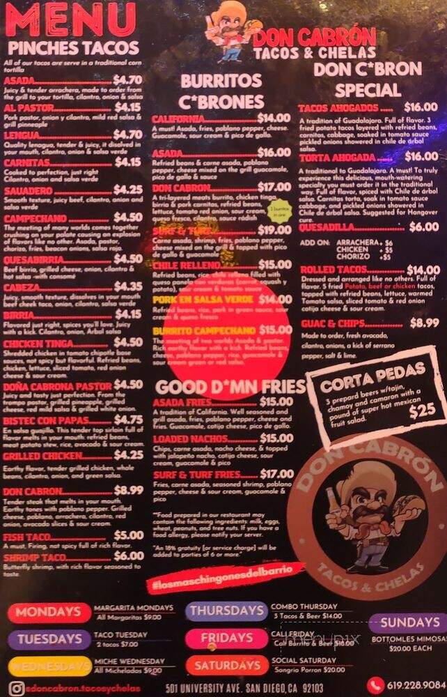 Don Cabron Tacos & Chelas - San Diego, CA menu_pic