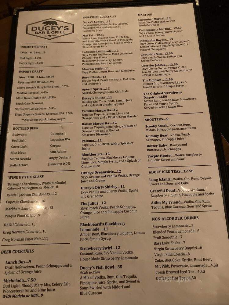Ducey's Bar and Grill - Bass Lake, CA menu_pic