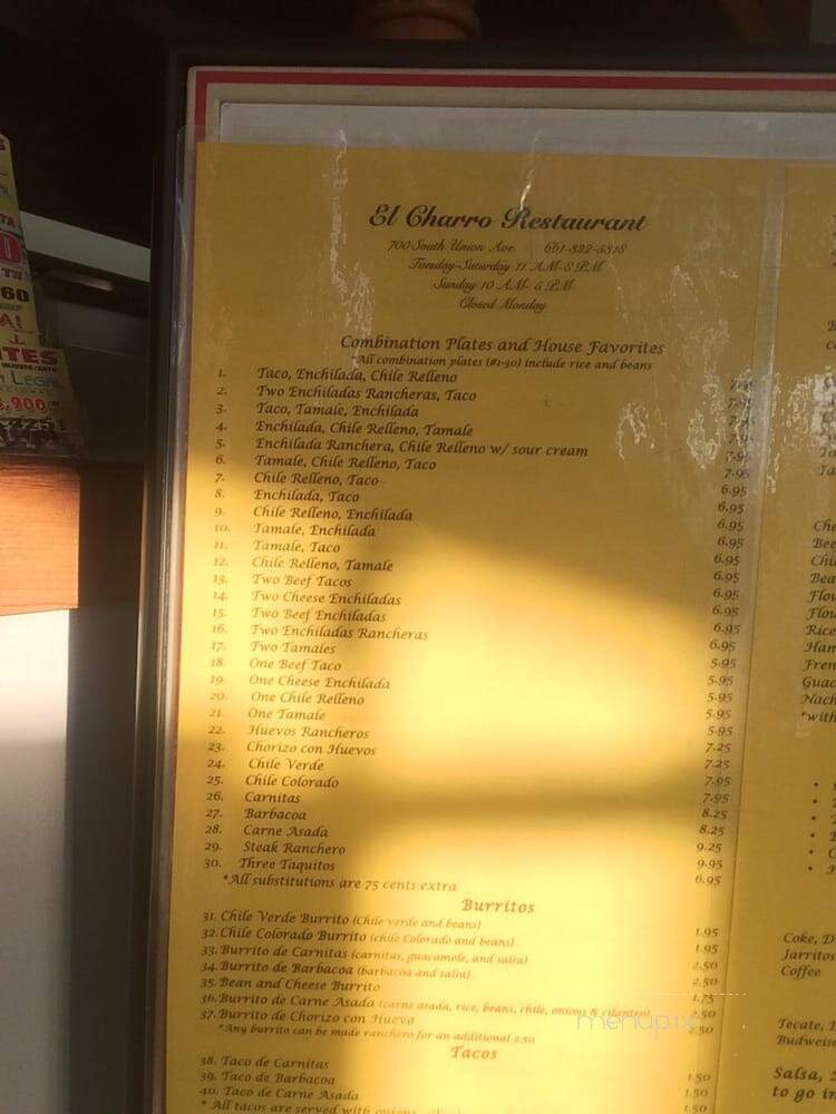 El Charro Restaurant - Bakersfield, CA menu_pic