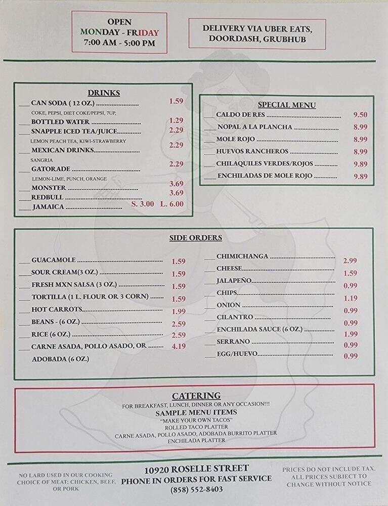 Elena's Mexican Food - San Diego, CA menu_pic