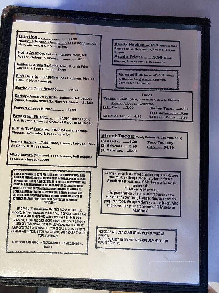 El Mundo De Mariscos - Oceanside, CA menu_pic