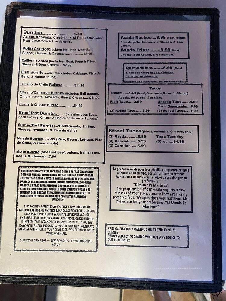 El Mundo De Mariscos - Oceanside, CA menu_pic