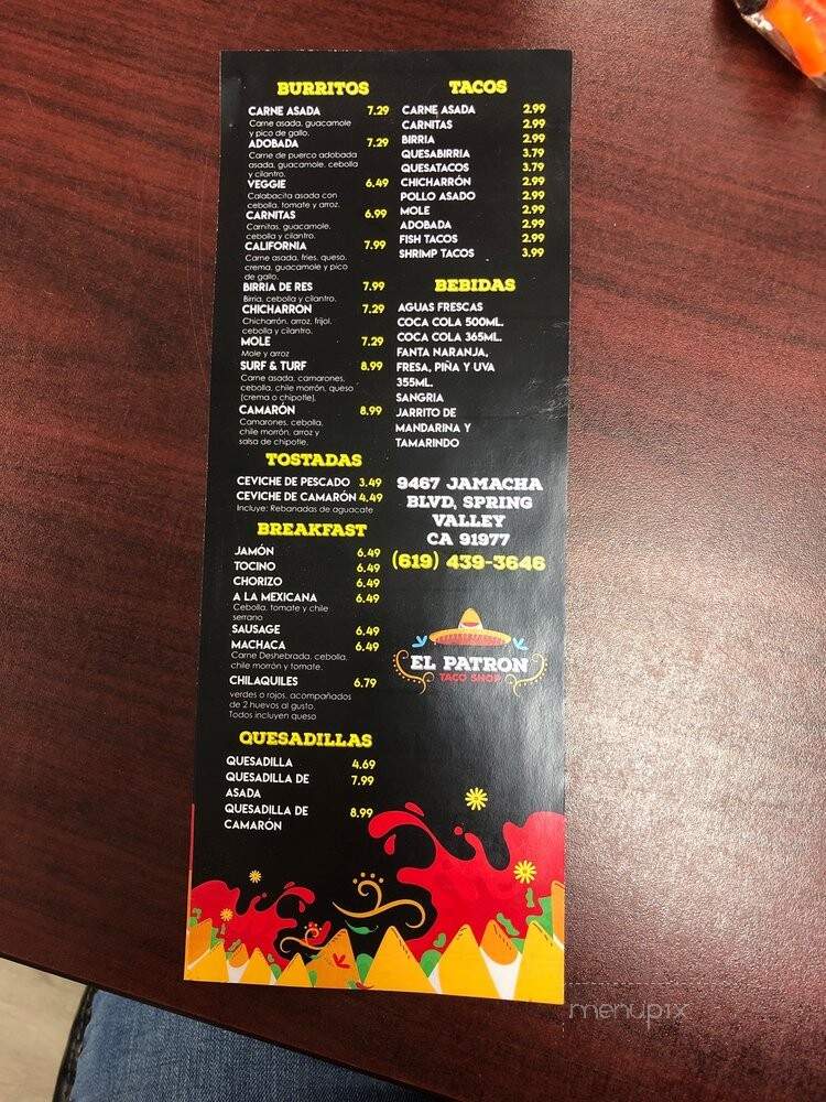 El Patron Taco Shop - Spring Valley, CA menu_pic