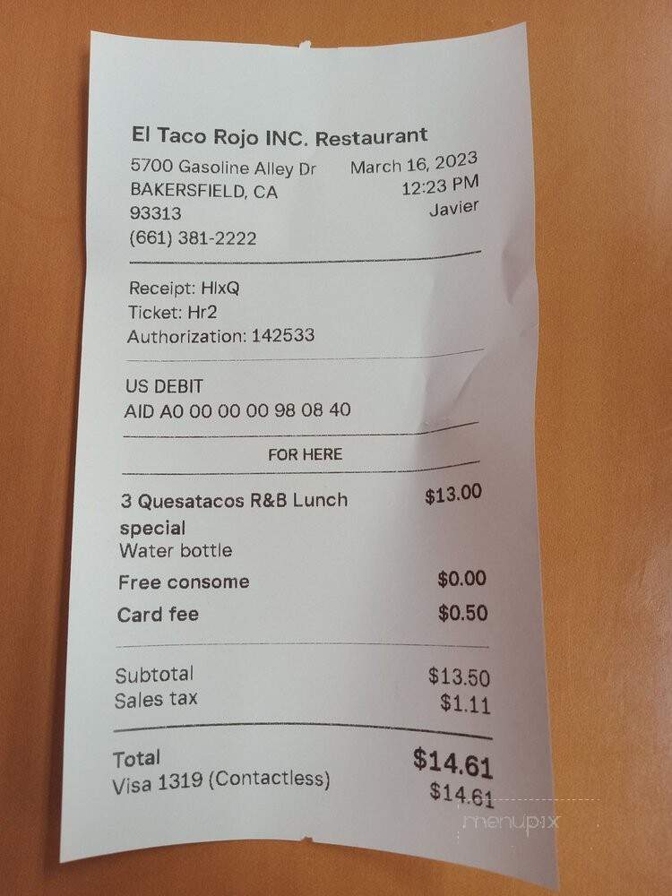 El Taco Rojo Restaurant - Bakersfield, CA menu_pic