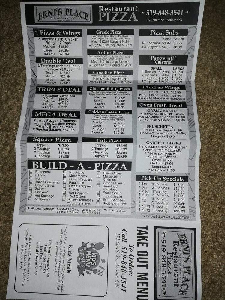 Erni's Place Restaurant Pizza - Arthur, ON menu_pic