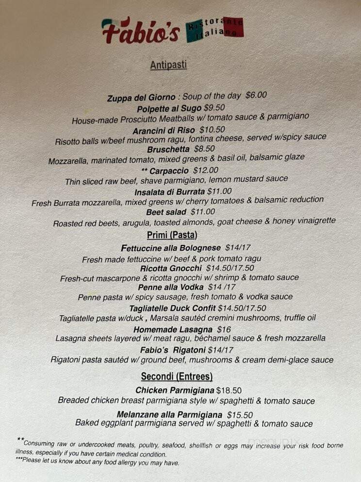Fabio's Ristorante Italiano - Charleston, SC menu_pic