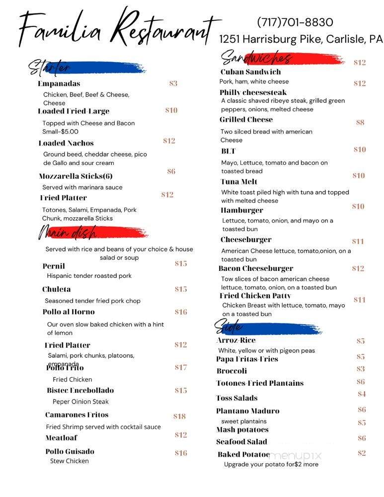 Familia Restaurant - Carlisle, PA menu_pic