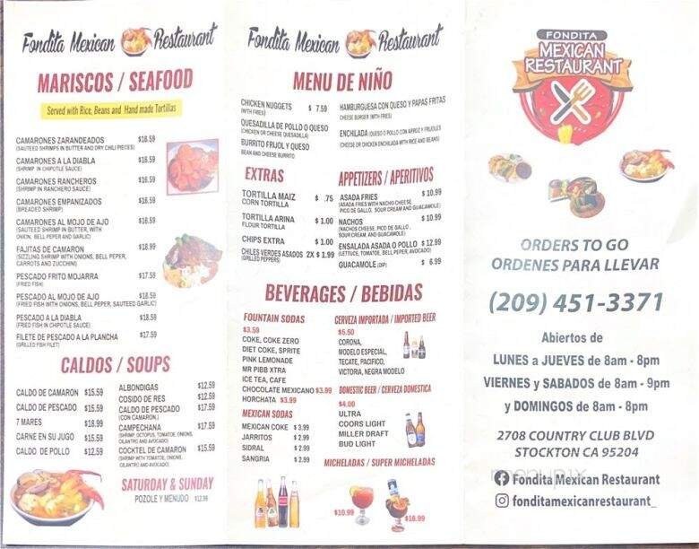 Fondita Mexican Restaurant - Stockton, CA menu_pic