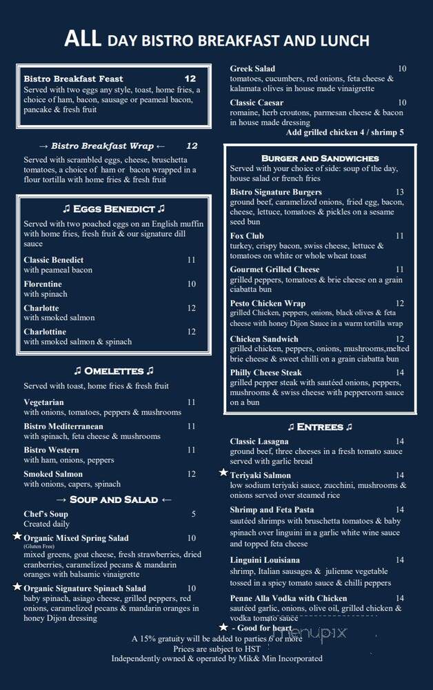 The Fox Bistro Inc - Toronto, ON menu_pic