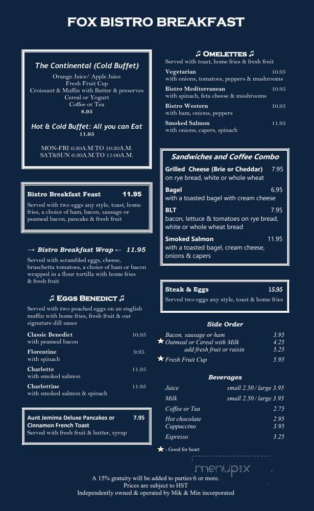 The Fox Bistro Inc - Toronto, ON menu_pic