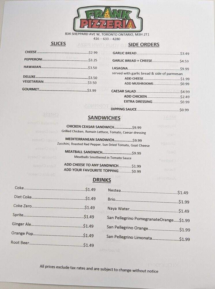 Frank Pizzeria - Toronto, ON menu_pic