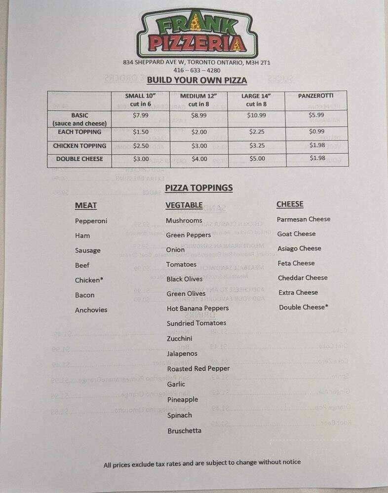 Frank Pizzeria - Toronto, ON menu_pic