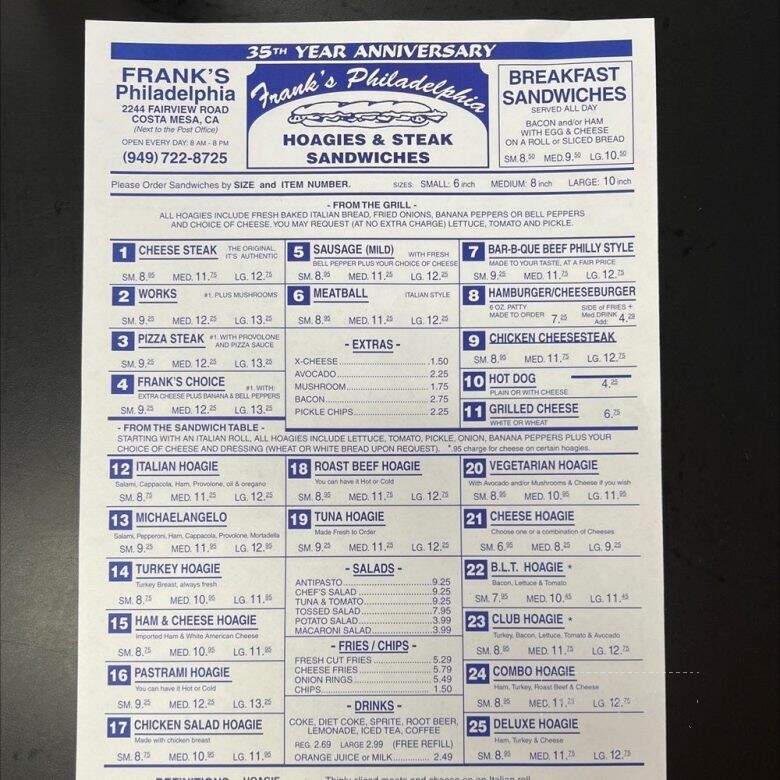 Frank's Philadelphia - Costa Mesa, CA menu_pic