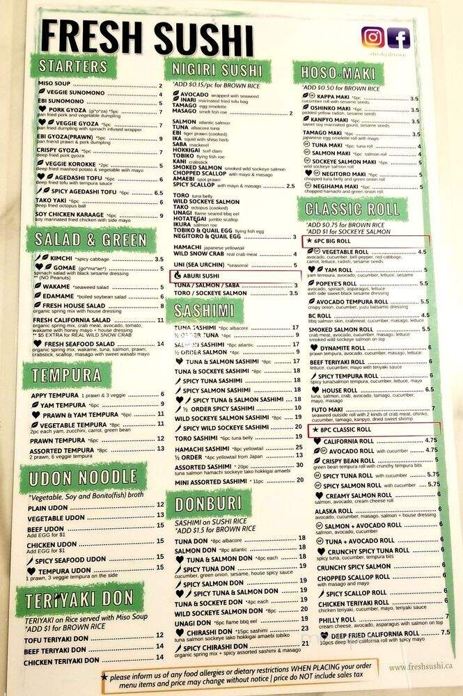 Fresh Japanese Restaurant - Vancouver, BC menu_pic
