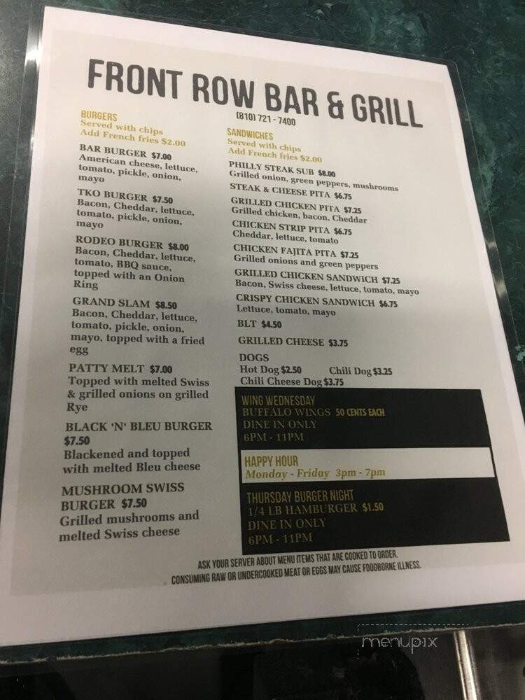 Front Row - Imlay City, MI menu_pic