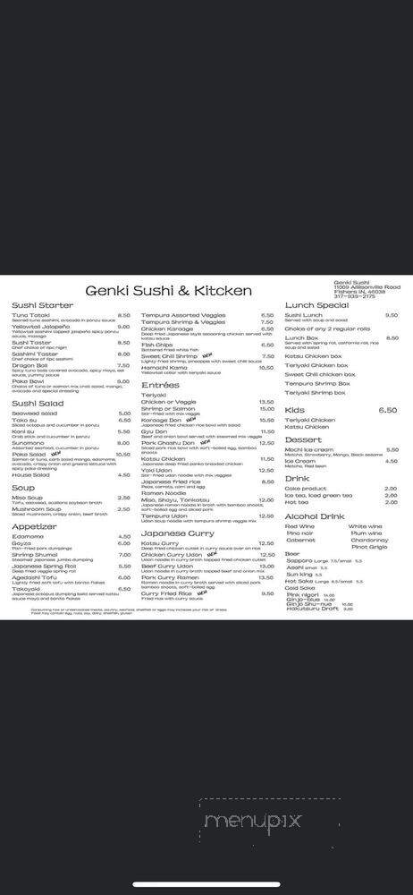 Genki Sushi and Kitchen - Fishers, IN menu_pic