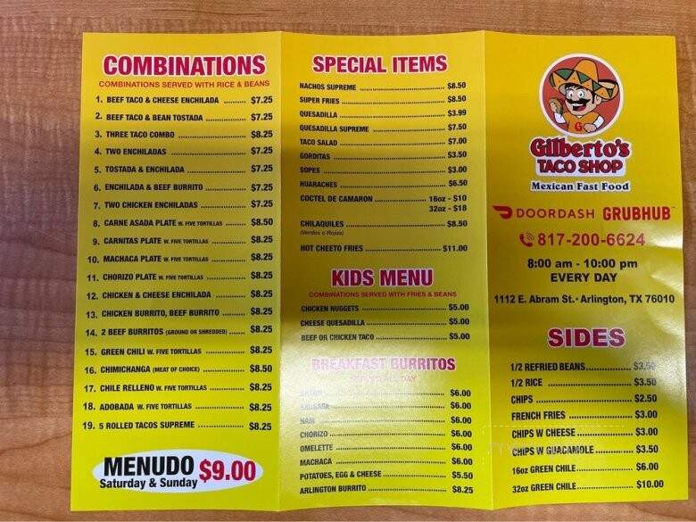 Gilberto's Taco Shop - Arlington, TX menu_pic