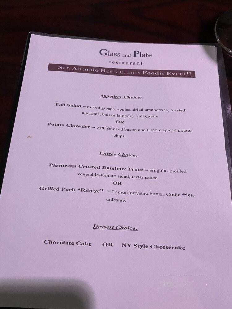 Glass and Plate Restaurant - Olmos Park, TX menu_pic