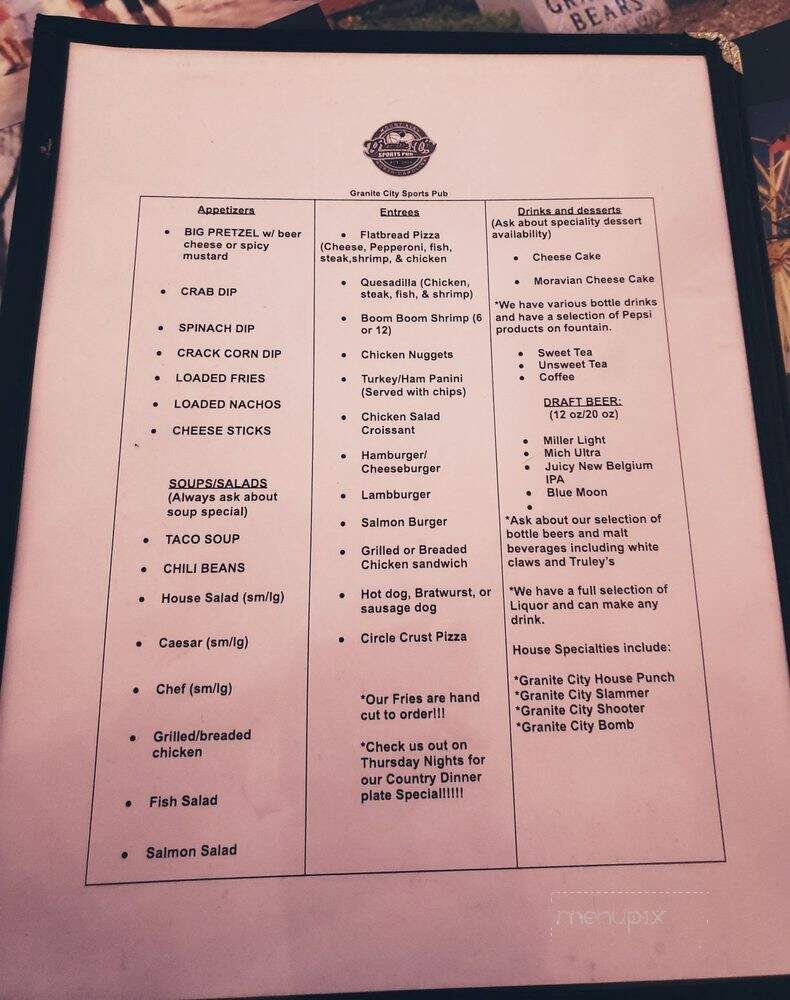 Granite City Sports Pub - Mount Airy, NC menu_pic