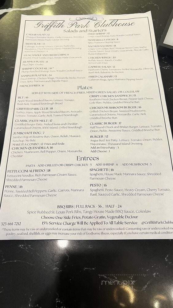 Griffith Park Clubhouse - Los Angeles, CA menu_pic