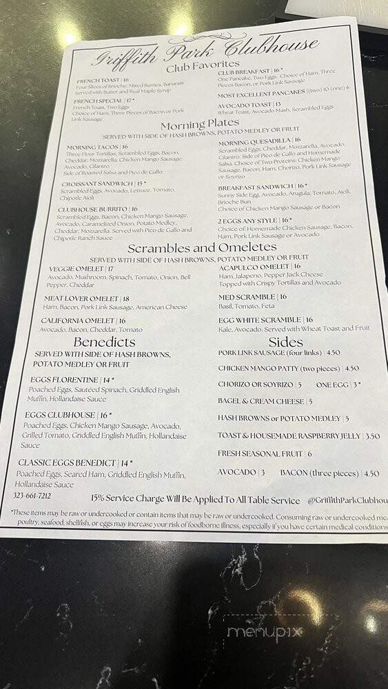 Griffith Park Clubhouse - Los Angeles, CA menu_pic
