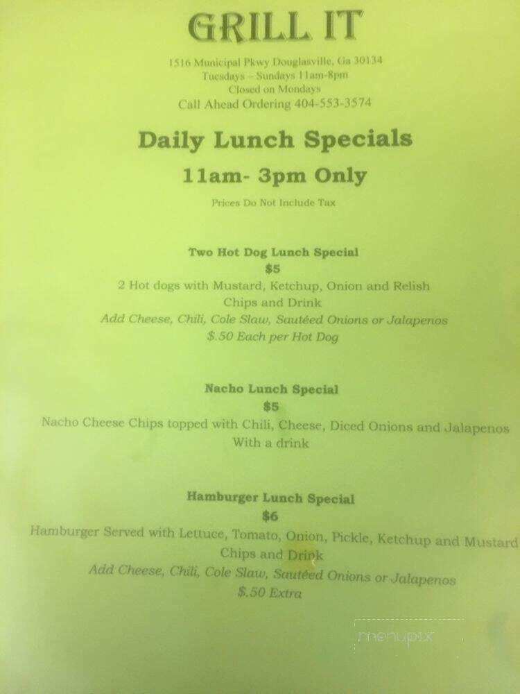 Grill It Hotdogs Burgers and More - Douglasville, GA menu_pic
