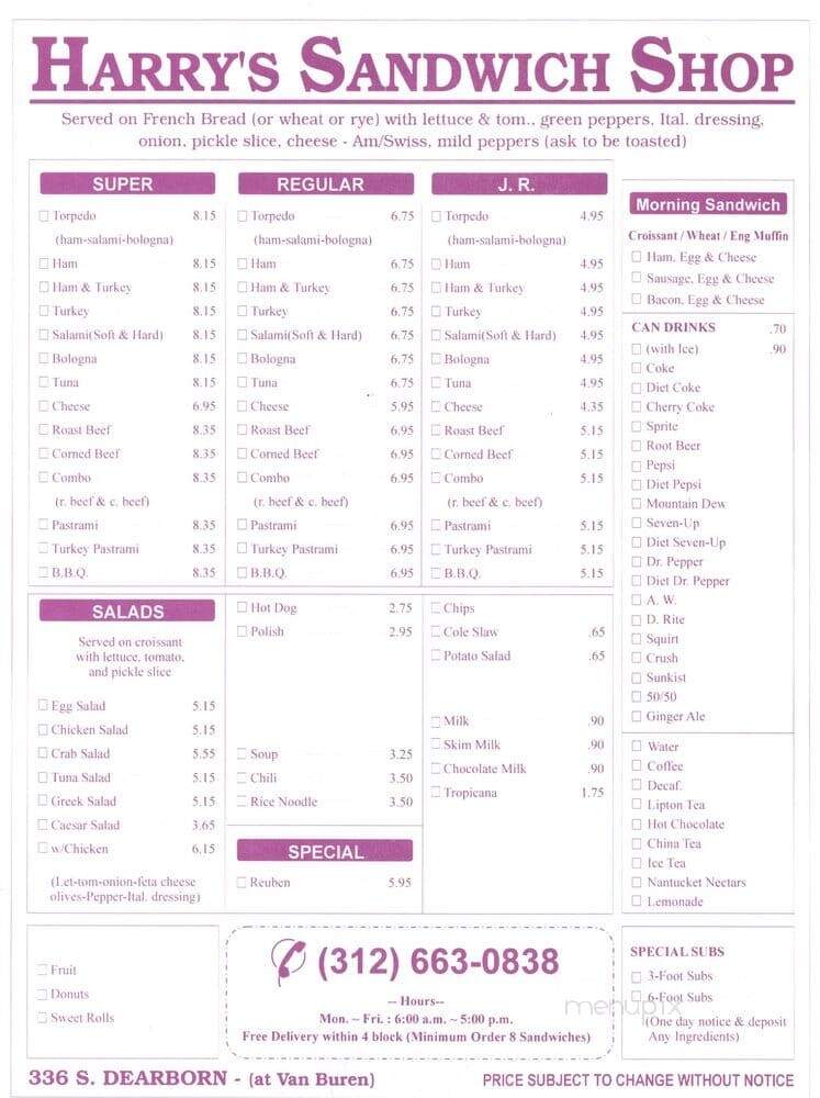 Harry's Sandwich - Chicago, IL menu_pic