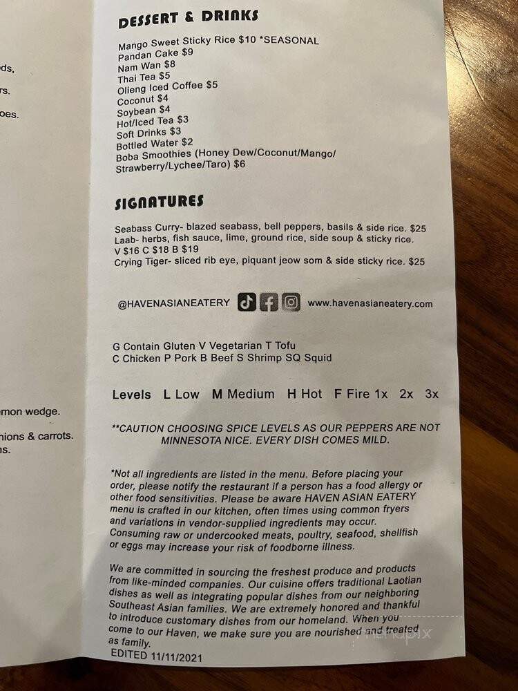 Haven Asian Eatery - Eden Prairie, MN menu_pic