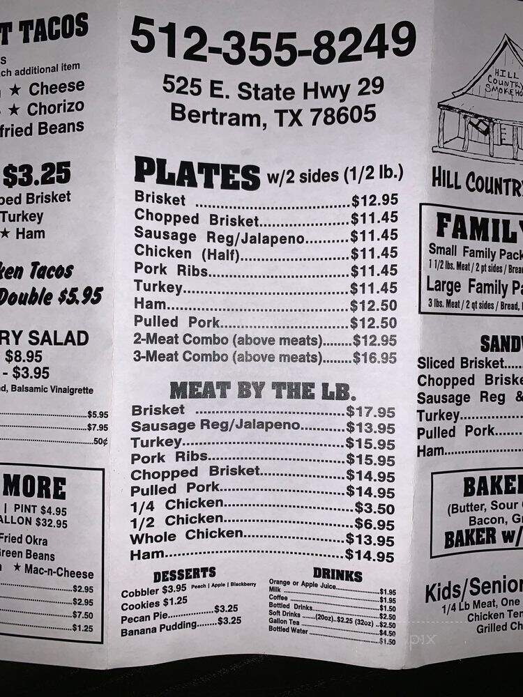 Hill Country Smokehouse - Bertram, TX menu_pic