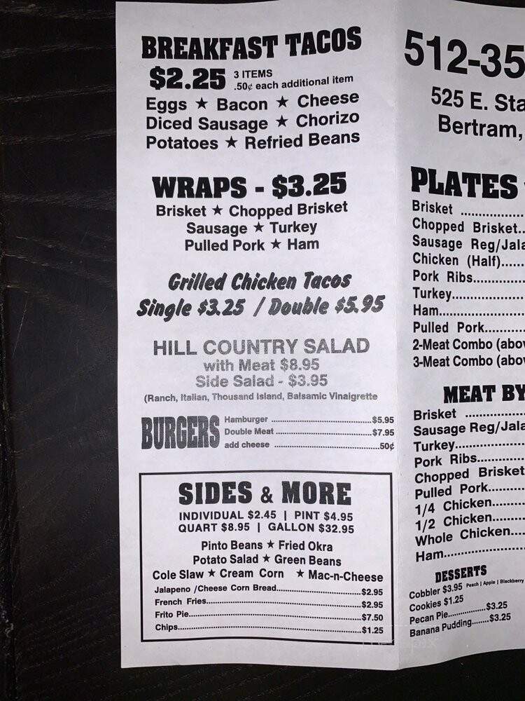 Hill Country Smokehouse - Bertram, TX menu_pic