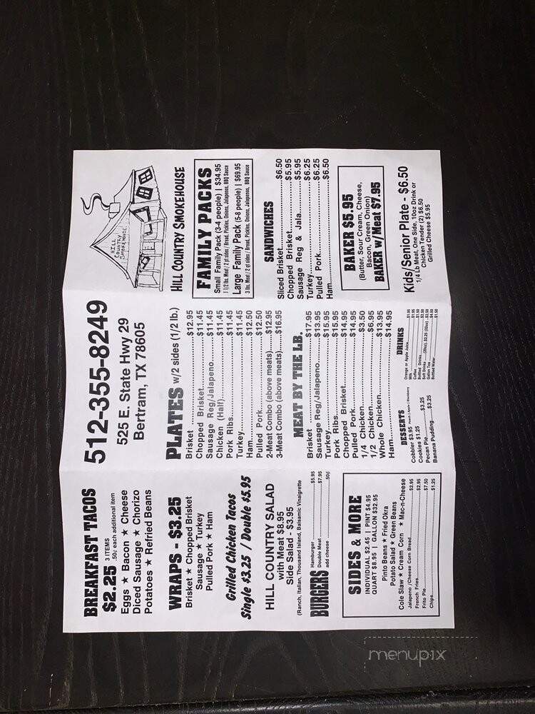 Hill Country Smokehouse - Bertram, TX menu_pic