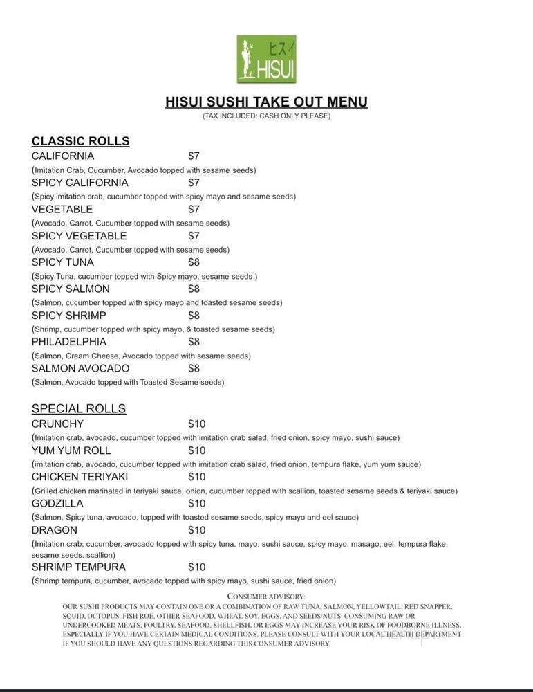 Hisui Sushi - Cecil, PA menu_pic