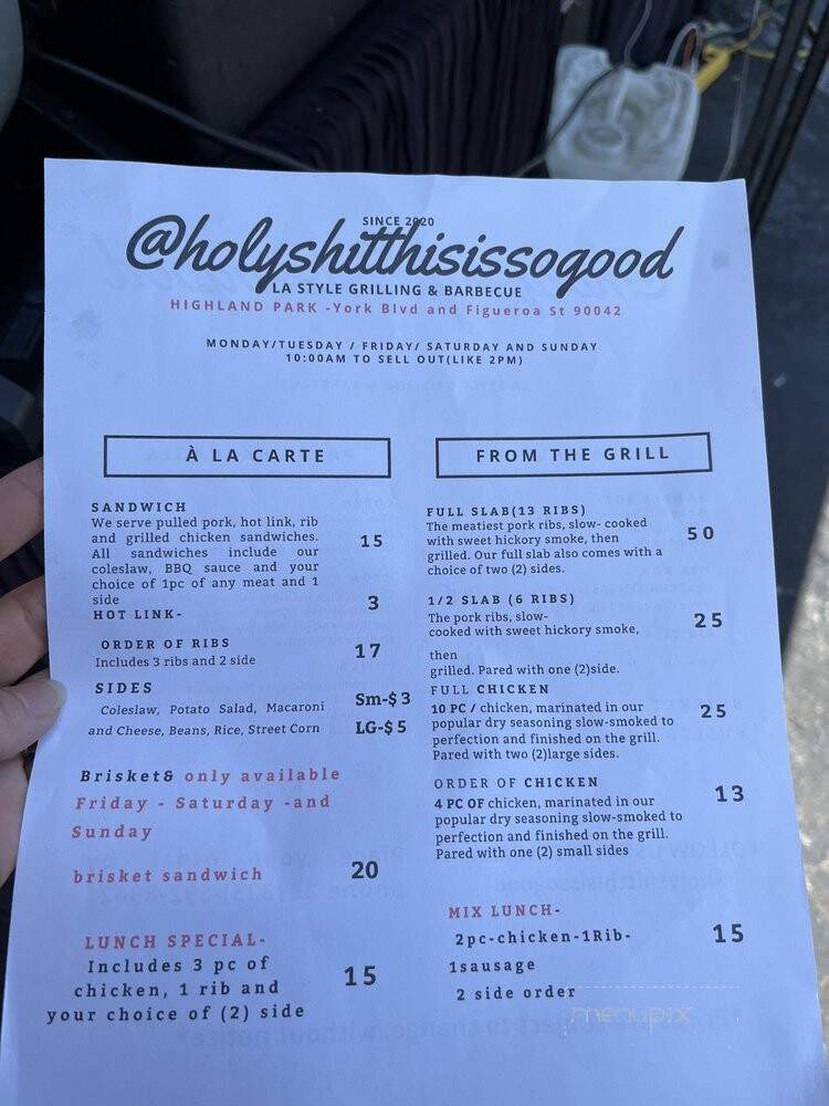 Holy Shit This Is So Good BBQ - Los Angeles, CA menu_pic