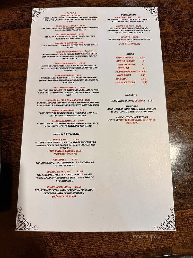 Inka's Restaurant - San Jose, CA menu_pic