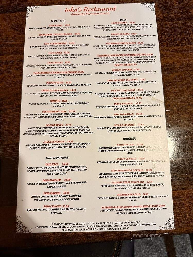 Inka's Restaurant - San Jose, CA menu_pic