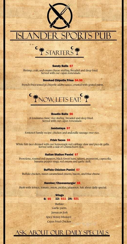 Islander Sports Pub - Pawleys Island, SC menu_pic