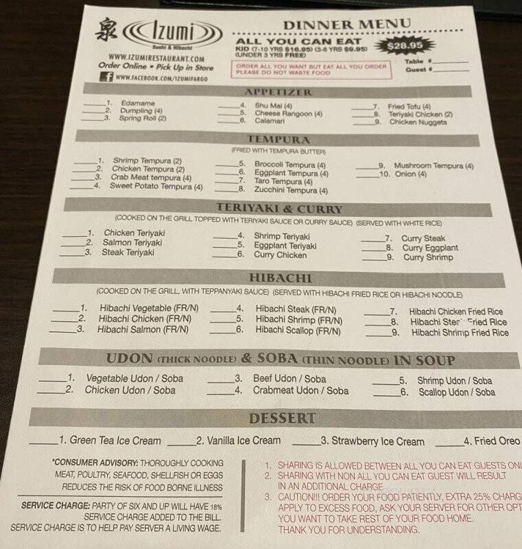 Izumi Sushi & Hibachi All You Can Eat - Cedar Rapids, IA menu_pic