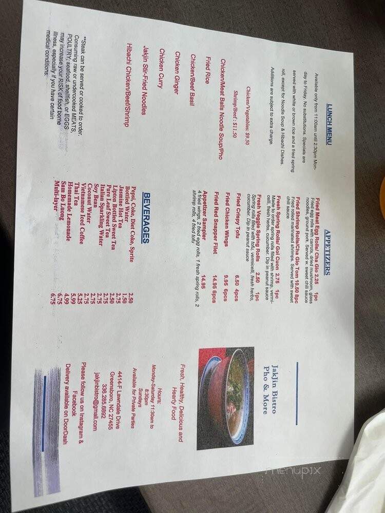 Jakjin Bistro Pho & More - Greensboro, NC menu_pic