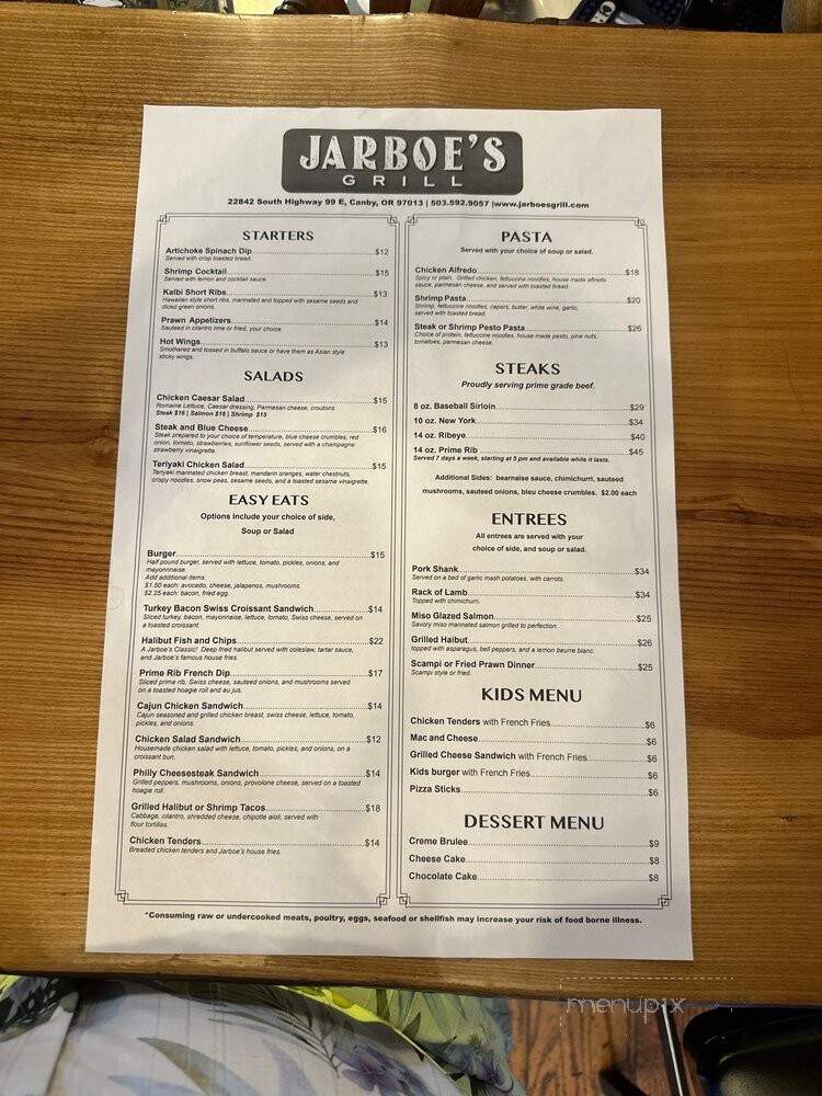Jarboe's Grill - Canby, OR menu_pic