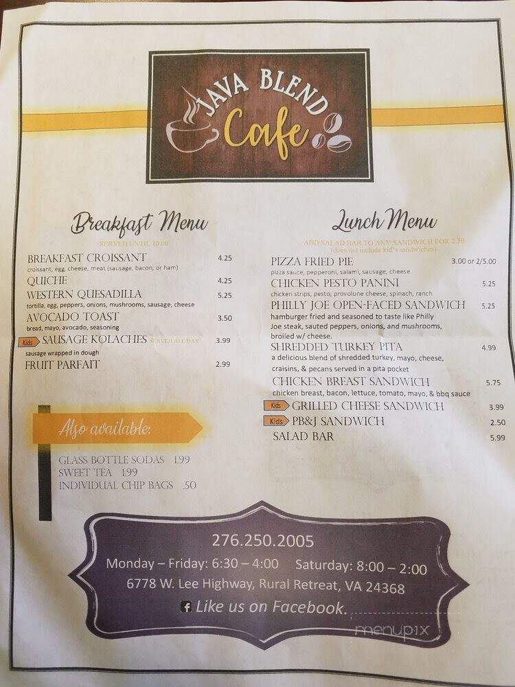 Java Blend Cafe - Rural Retreat, VA menu_pic