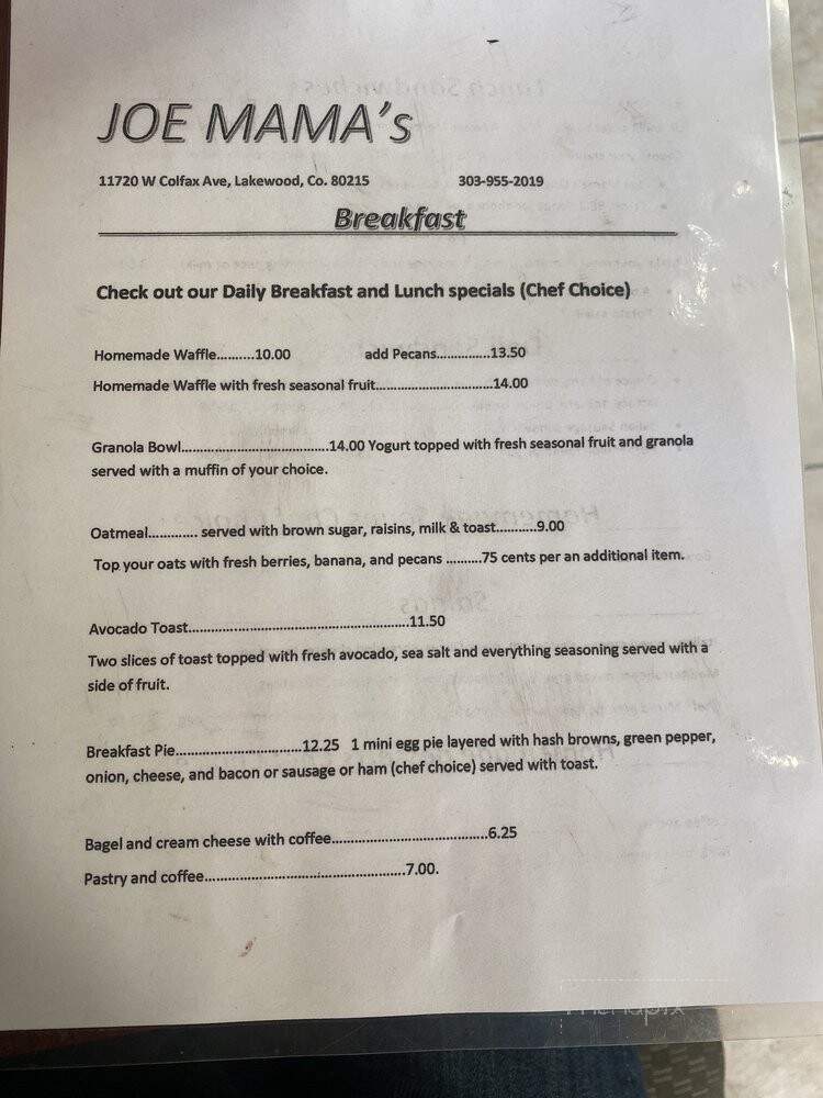 Joe Mama's Coffee House - Amarillo, TX menu_pic