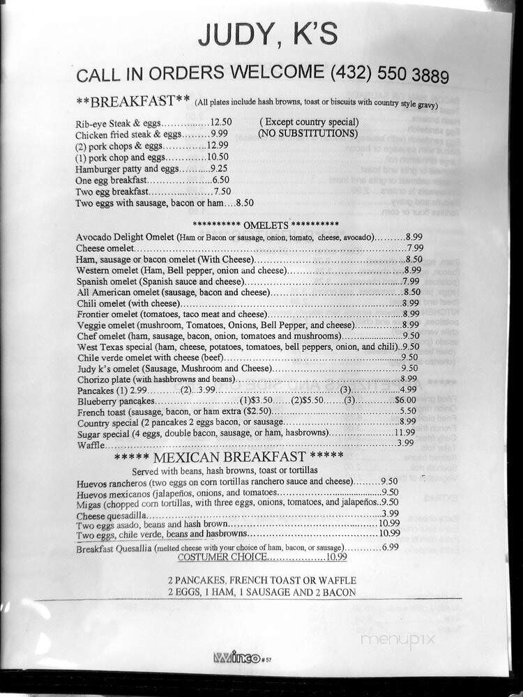 Judy K's Kountry Kitchen - Odessa, TX menu_pic