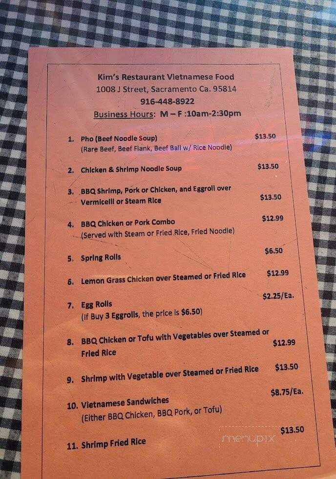 Kims Restaurant - Sacramento, CA menu_pic