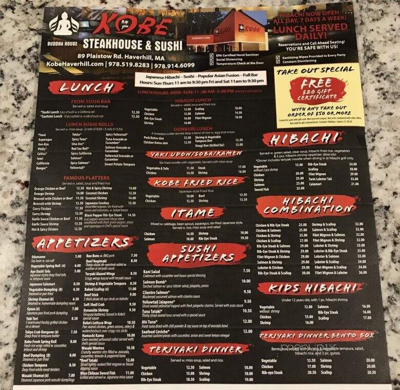 Kobe Budda House Restaurant - Haverhill, MA menu_pic
